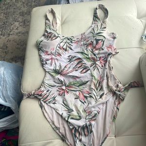 One piece, white with pink and green flowers, open back